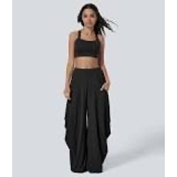 Halara Black Draped Wide Leg Casual Pants w/ Pockets 4-Way Stretch Size L NEW - Picture 1 of 6